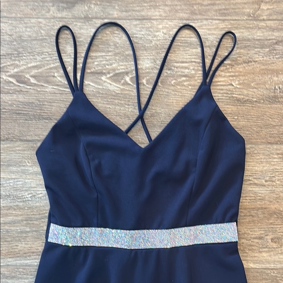 La Scala Women's Large Navy Fit & Flare Dress Spaghetti Straps & Sparkling Belt - Picture 3 of 12